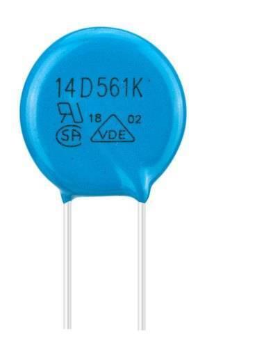 14D561K Mov Metal Oxide Varistor - a blue, circular electronic component with two wire leads and the text "14D561K" printed on its face.