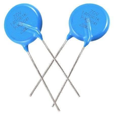 14D561K Mov Metal Oxide Varistor - two blue, disc-shaped electronic components with two metal leads each, marked with ZOV 14D561K text.