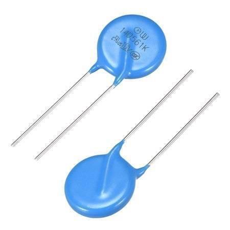 14D561K Mov Metal Oxide Varistor - shown as two blue, disc-shaped electronic components with two metal leads each, featuring text printed on one.