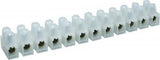 15 Amp Connector Strip, 12 Way PVC - a white plastic terminal block featuring twelve individual wire connection points with visible metal screw terminals.