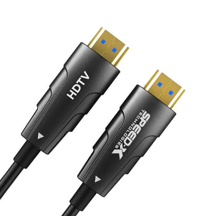 15 Meter Speed-x Fiber HDMI Cable | 2.0/2.1 Aoc (active Optical Cable) 30AWG Copper | 4k & 8k UHD Support - two black HDMI connectors with gold-plated tips, labeled with "HDTV" and "SPEED-X TECHNOLOGIES" text.