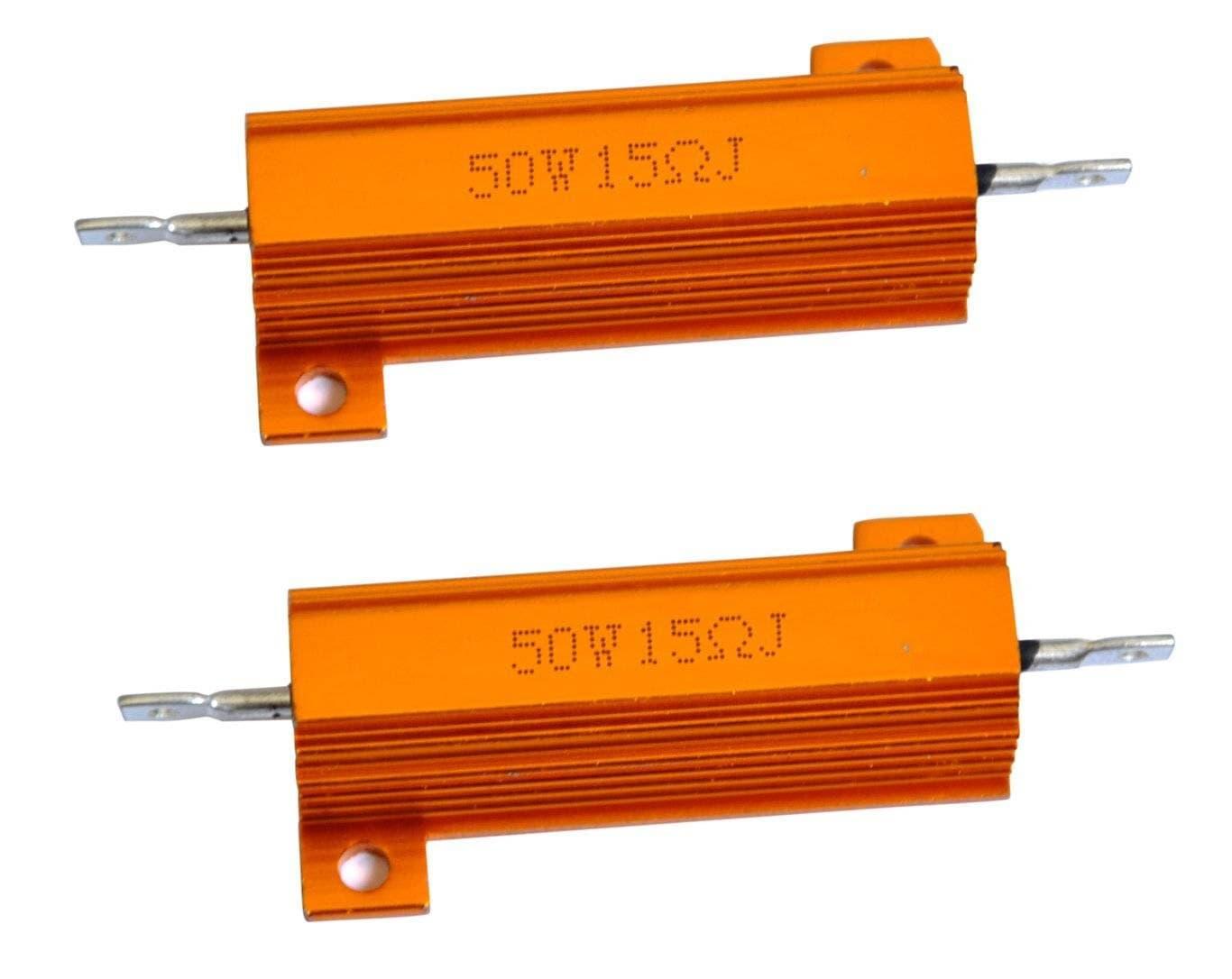 15 Ohm 50 Watts Resistor - two orange aluminum-housed resistors with metal leads and mounting tabs, each marked with 50W 15ΩJ.