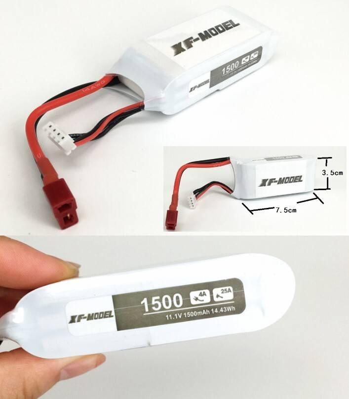 1500mAh 11.1V 25C LiPo Battery Xf Model Li-Po Quadcopter - the white rectangular battery, red T-connector, white balance plug, and a dimension diagram.