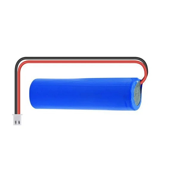 1500mAh 3.7V 18650 Li Ion Battery With BMS And Wire - a blue cylindrical battery with two wires attached to a white two-pin connector.