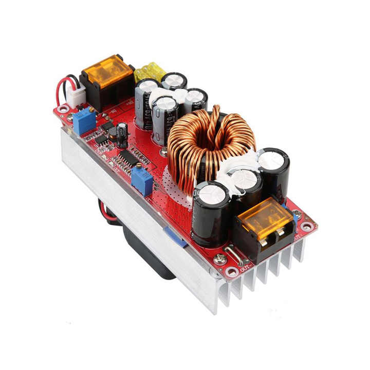1500W 30A Voltage Step Up Converter Cc Cv Power Supply Module - a red circuit board, a large copper inductor, capacitors, and two terminal blocks.