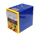 1502AD 0-1.5A 0-15V DC Variable Power Supply For Lab - a blue and yellow benchtop unit with two analog gauges, a digital display, a voltage knob, power switch, and four ports.