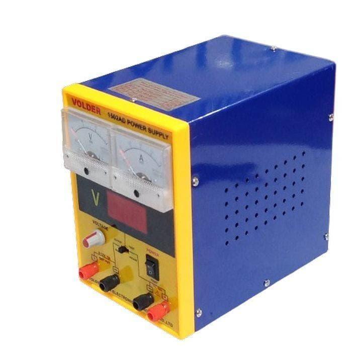 1502AD 0-1.5A 0-15V DC Variable Power Supply For Lab - a blue and yellow benchtop unit with two analog gauges, a digital display, a voltage knob, power switch, and four ports.