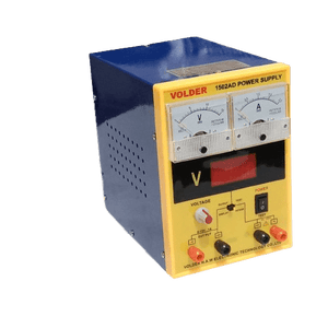 1502AD 0-1.5A 0-15V DC Variable Power Supply For Lab - a blue and yellow benchtop unit with two analog gauges, a digital voltage display, a voltage knob, and three output terminals.