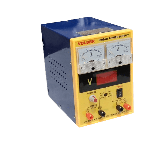 1502AD 0-1.5A 0-15V DC Variable Power Supply For Lab - a blue and yellow benchtop unit with two analog gauges, a digital voltage display, a voltage knob, and three output terminals.