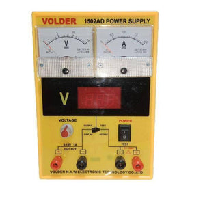 1502AD 0-1.5A 0-15V DC Variable Power Supply For Lab - a yellow rectangular unit with two analog gauges, a digital display, a voltage knob, a power switch, and four output terminals.