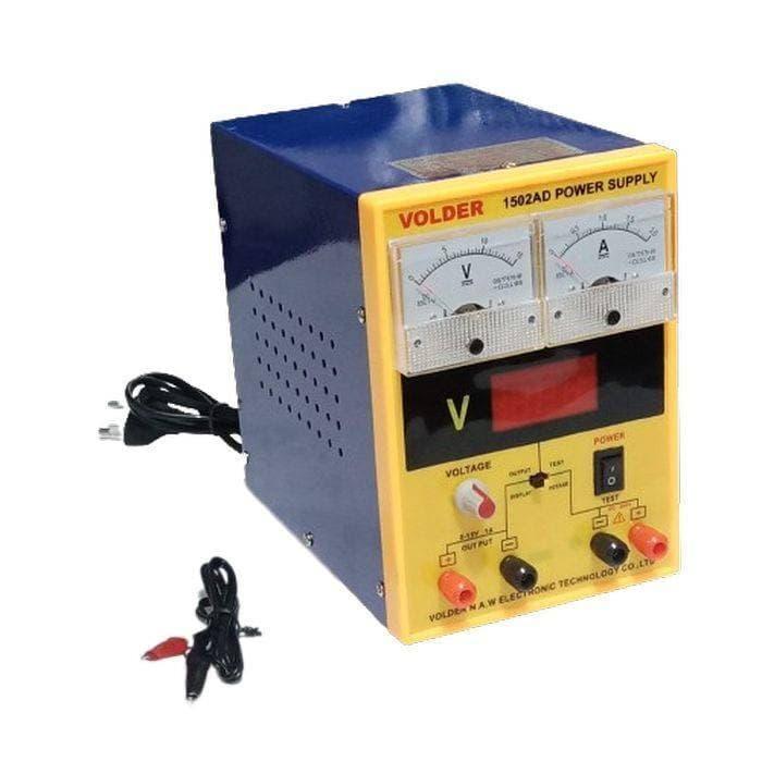 1502AD 0-1.5A 0-15V DC Variable Power Supply For Lab - a blue and yellow benchtop unit with two analog meters, a digital display, a voltage knob, power switch, and output terminals.