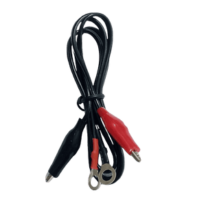1502AD 0-1.5A 0-15V DC Variable Power Supply For Lab - with one black alligator clip, one red alligator clip, and two metal ring terminals.