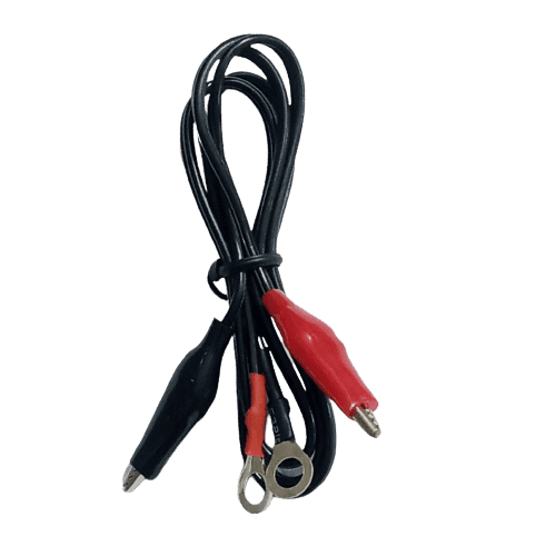 1502AD 0-1.5A 0-15V DC Variable Power Supply For Lab - with one black alligator clip, one red alligator clip, and two metal ring terminals.