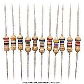 150pcs Resistor Pack Of 15 Values 10R,47R,100R,220R,330R,470R,1k,2.2k,4.7k,6.8k,10k,22k,47k,100k,220k - eleven individual axial-lead resistors with various coloured bands arranged in a vertical row against a white background.