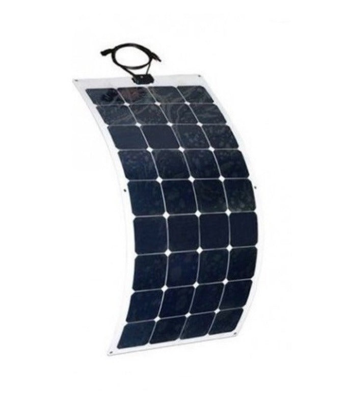 150W 12V Flexible Solar Panel Lahore Only - a curved, rectangular solar panel with a dark blue grid of cells and a black cable connector at the top.