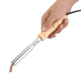 150W 220V Soldering Iron With Chisel Tip & Wood Handle - & Wood Handle held in a hand, featuring a wooden handle, a long metal barrel, and a copper chisel tip.