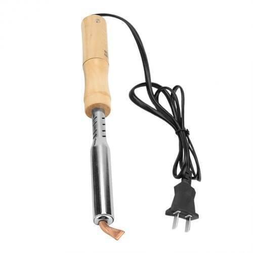 150W 220V Soldering Iron With Chisel Tip & Wood Handle - & Wood Handle shows a silver metal soldering iron with a wooden handle, a copper tip, and a black power cord.