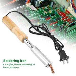 150W 220V Soldering Iron With Chisel Tip & Wood Handle - & Wood Handle shows a soldering iron with a wooden handle, metal shaft, copper tip, and a black power cord.