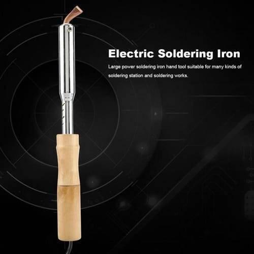 150W 220V Soldering Iron With Chisel Tip & Wood Handle - & Wood Handle shows a metal soldering iron with a wooden handle and a copper-coloured chisel tip.