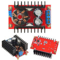 150W DC To DC Boost Converter 10 32V To 12 35V 6A Step Up Power Supply Module - three views of a red circuit board with heat sinks, a toroidal inductor, two capacitors, and screw terminal ports.