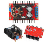 150W DC To DC Boost Converter 10 32V To 12 35V 6A Step Up Power Supply Module - three views of a red circuit board with heat sinks, a toroidal inductor, two capacitors, and screw terminal ports.
