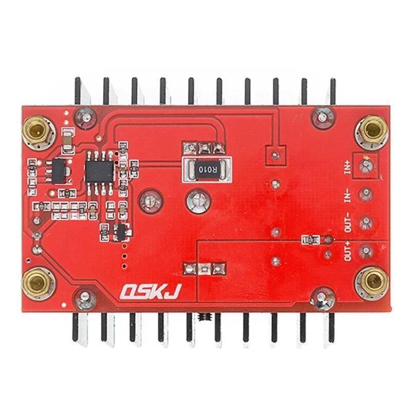 150W DC To DC Boost Converter 10 32V To 12 35V 6A Step Up Power Supply Module - a red rectangular circuit board with a heatsink, an R010 resistor, and labeled IN+, IN-, OUT-, and OUT+ terminals.