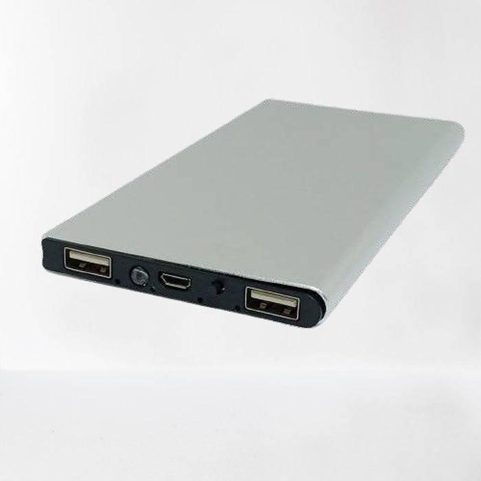 152MMX75MM Aluminium power bank - a slim silver rectangular device featuring two USB ports, a micro-USB port, and a small circular button on the front edge.