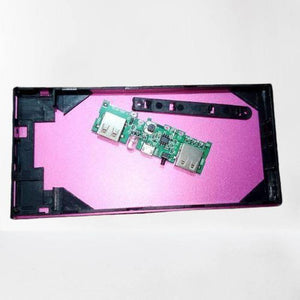 152MMX75MM Aluminium power bank - an open pink casing, a green circuit board with two USB ports, and a black plastic trim piece.