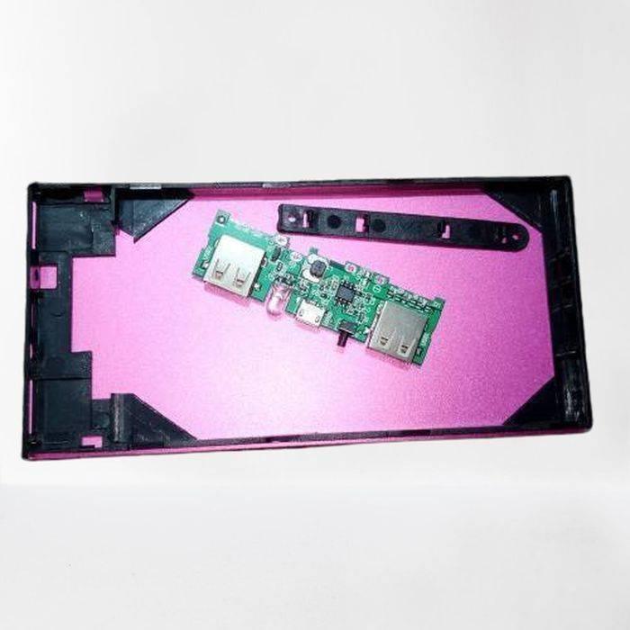 152MMX75MM Aluminium power bank - an open pink casing, a green circuit board with two USB ports, and a black plastic trim piece.
