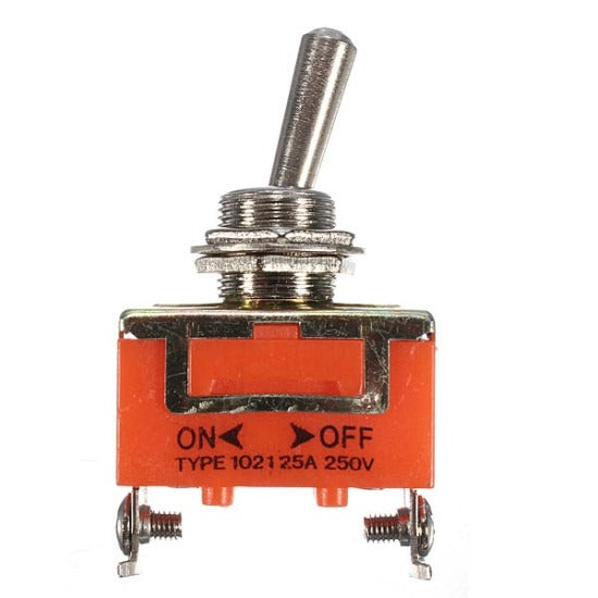 15A 250V 2 Pin Toggle On-off Switch - an orange rectangular toggle switch with a metal lever, mounting hardware, and two screw-terminal connectors.