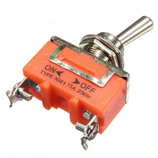 15A 250V 2 Pin Toggle On-off Switch - an orange rectangular toggle switch with a metal lever and two screw terminals on a white background.