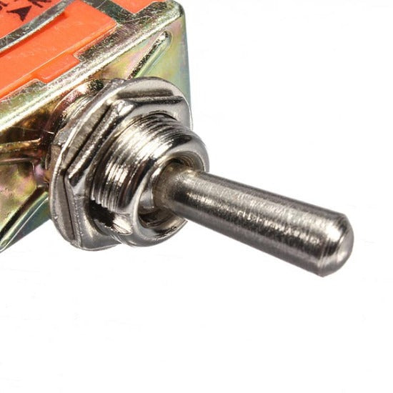 15A 250V 2 Pin Toggle On-off Switch - a close-up view showing the metallic toggle lever, threaded mounting bushing, and the orange-cased switch body.