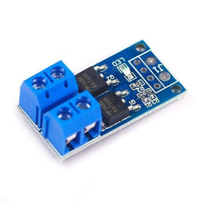15A 400W MOSFET Trigger Switch Drive Module - a blue circuit board with two blue screw terminals, two black MOSFETs, an LED, and a J1 header.