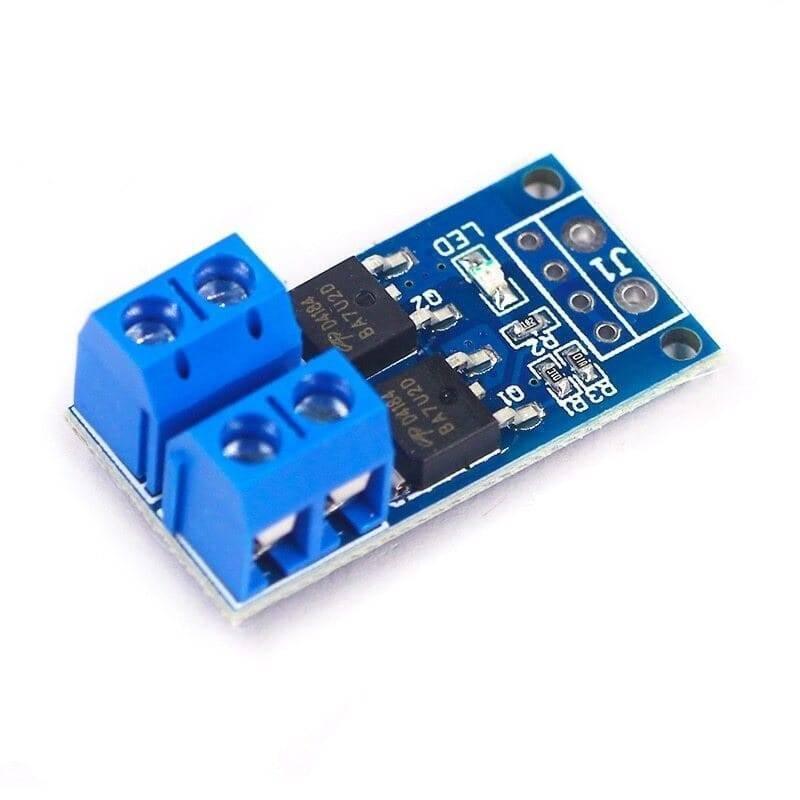 15A 400W MOSFET Trigger Switch Drive Module - a blue circuit board with two blue screw terminals, two black MOSFETs, an LED, and a J1 header.