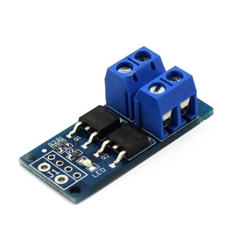 15A 400W MOSFET Trigger Switch Drive Module - a blue PCB with two blue screw terminals, two black MOSFETs, an LED, and four input pins.
