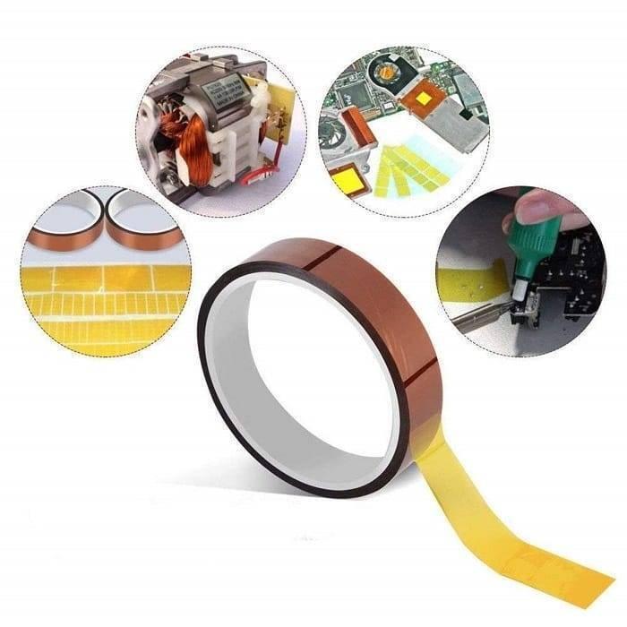 15mm Kapton High Temperature Heat Resistant Polyimide Film Adhesive Tape - shown as a roll with circular insets depicting its use in electronics repair.