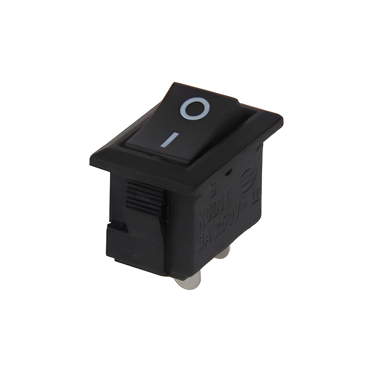 15MMX10MMX8MM KCD11 Rocker Switch 3A - a small black rectangular rocker switch with a white power symbol on the top surface and two metal pins at the base.