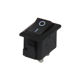 15MMX10MMX8MM KCD11 Rocker Switch 3A - a small black rectangular rocker switch with a white power symbol on the top surface and two metal pins at the base.