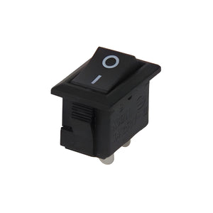 15MMX10MMX8MM KCD11 Rocker Switch 3A - a small black rectangular rocker switch with a white power symbol on the top surface and two metal pins at the base.