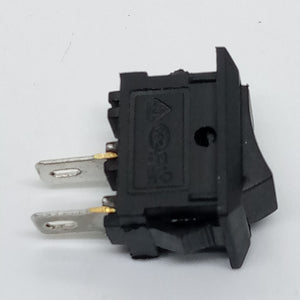 15MMX10MMX8MM KCD11 Rocker Switch 3A - shown from the side, featuring a black plastic housing with two metal spade terminals extending from the back.