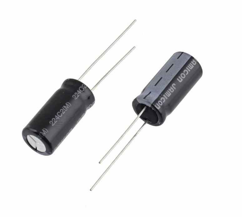 15uF 50V Electrolytic Capacitor - shown as two black cylindrical electrolytic capacitors with two metal wire leads each, featuring white printed text.
