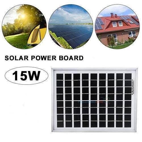 15W 12V PV Solar Power Panel Cell Module - a rectangular solar panel with a silver frame and three circular inset images of solar applications.