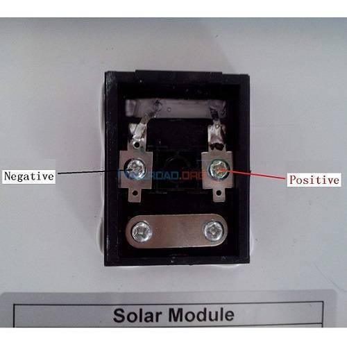 15W 12V PV Solar Power Panel Cell Module - close-up of the black plastic junction box on the back, showing positive and negative screw terminals.