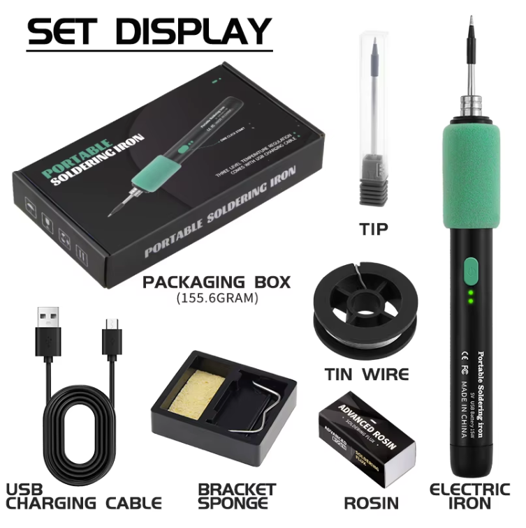 15W chargeable USB c soldering iron set price - the black iron, packaging box, USB cable, bracket with sponge, tin wire, rosin, and a spare tip.