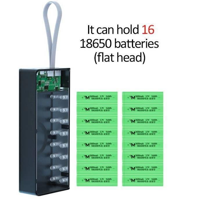 16*18650 Battery Storage Box Pd QC3.0 Quick Charge DIY Power Bank Box Case Without Cell - a black rectangular housing with a white strap, internal battery springs, and 16 green batteries.