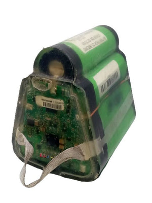 16.8V 3500mAh 18650 Lithium Battery Pack - shown as a triangular green cell assembly with an attached circuit board and a fabric pull tab.