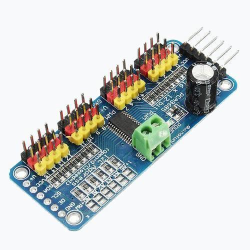 16 Channel Servo Motor Driver PCA9685 12 Bit PWM I2c Module For Arduino - a blue rectangular circuit board with header pins, a green terminal block, and a capacitor.