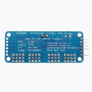 16 Channel Servo Motor Driver PCA9685 12 Bit PWM I2c Module For Arduino - a blue rectangular circuit board with printed technical specifications and pin headers.