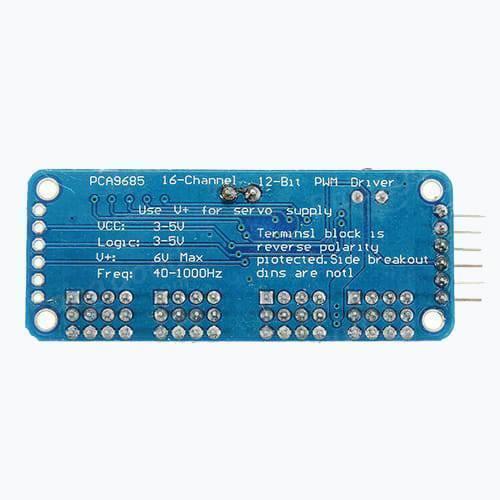 16 Channel Servo Motor Driver PCA9685 12 Bit PWM I2c Module For Arduino - a blue rectangular circuit board with printed technical specifications and pin headers.