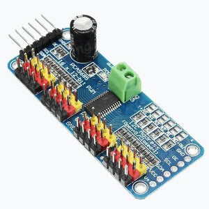 16 Channel Servo Motor Driver PCA9685 12 Bit PWM I2c Module For Arduino - a blue circuit board featuring a capacitor, terminal block, and multiple rows of pins.